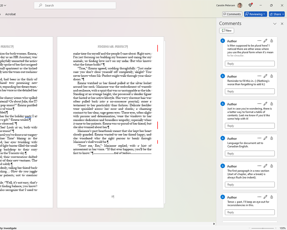 Line editing in-text comments example 2