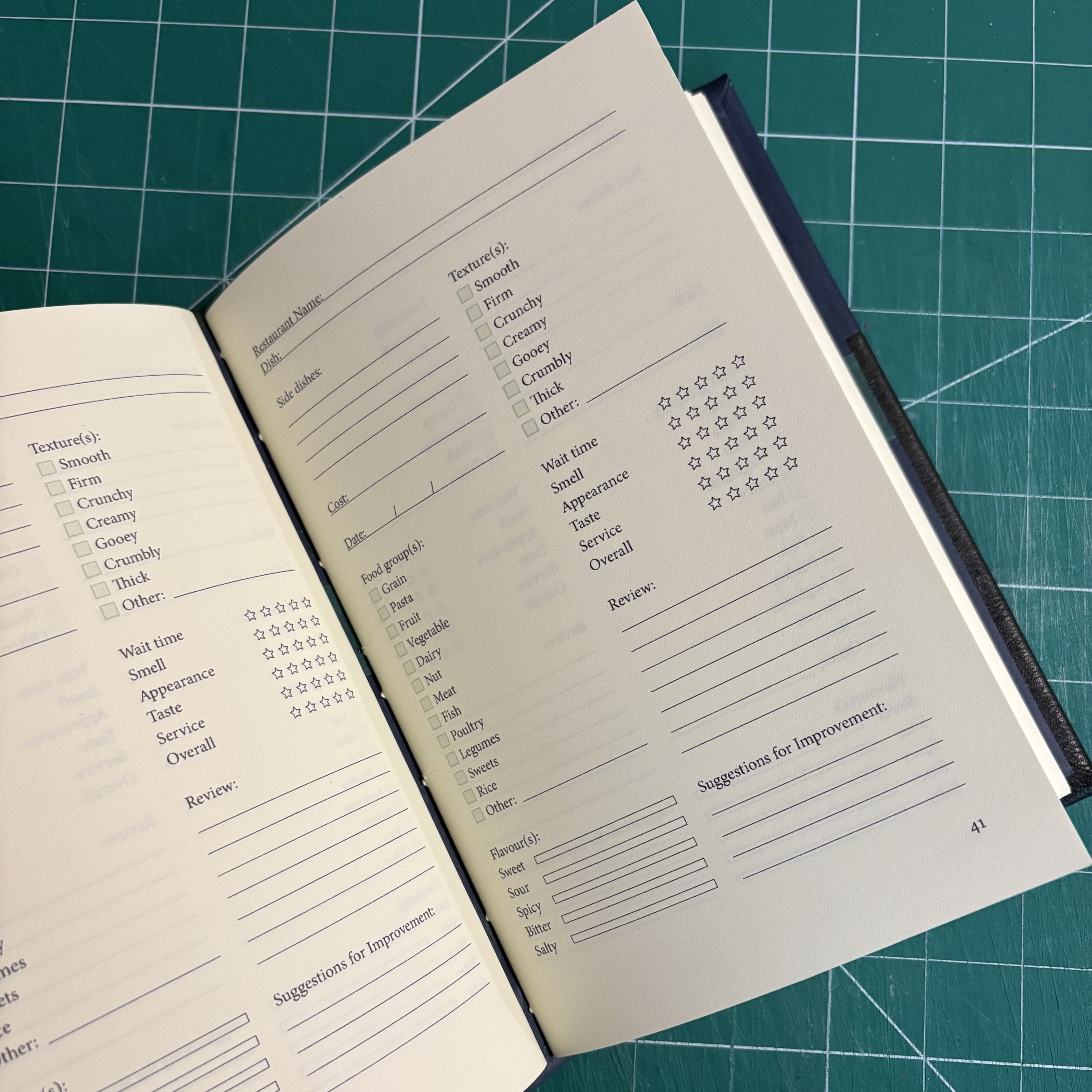 Cross-stitch Blue-Green Leather Food Review Journal - open
