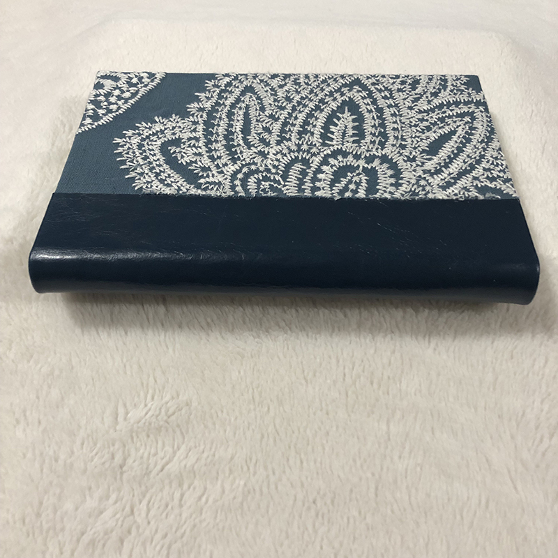 Casebound Blue Embroidered & Leather Reading Journal - spine