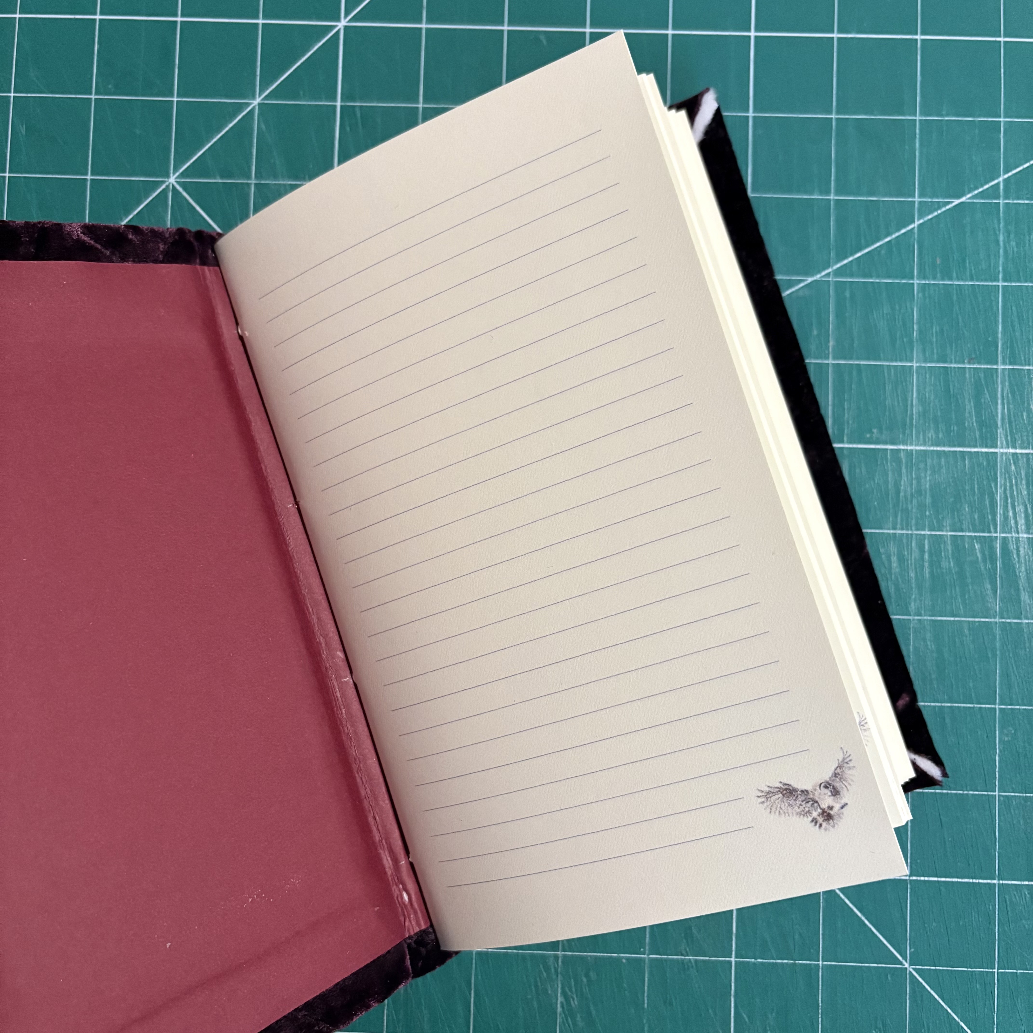 Cross-stitch Red Velour Owl Lined Notebook - open